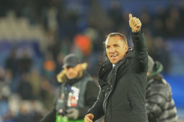 Leicester City v Legia Warsaw Europa League 25 11 2021. Brendon Rodgers manager of Leicester City gestures to the supporters during the Europa League match between Leicester City and Legia Warsaw at the King Power Stadium, Leicester, England on 25 November 2021. Editorial use only , Copyright: xJezxTighex PSI-14116-0091