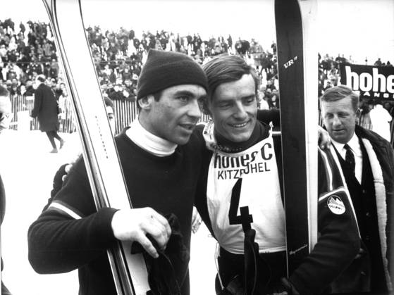 Alpine skiing World Cup race in Kitzbühel on 22 01 1967 Karl Schranz li and Jean Claude Killy Only for journalistic use Only for editorial use HM