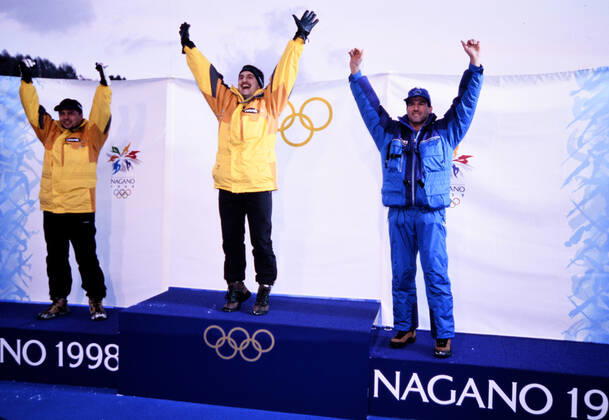 HACKL Georg Team GER Luge Olympic Champion with MUELLER Jens and ZOEGGELER Armin Olympic Winter Games 1998 in Nagano Japan from 07 22 02 1998 on 9 02 1998 in Nagano