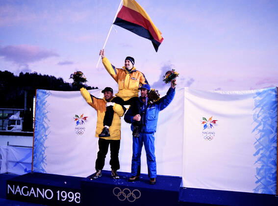 HACKL Georg Team GER Luge Olympic Champion with MUELLER Jens and ZOEGGELER Armin Olympic Winter Games 1998 in Nagano Japan from 07 22 02 1998 on 9 02 1998 in Nagano