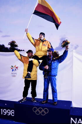 HACKL Georg Team GER Luge Olympic Champion with MUELLER Jens and ZOEGGELER Armin Olympic Winter Games 1998 in Nagano Japan from 07 22 02 1998 on 9 02 1998 in Nagano