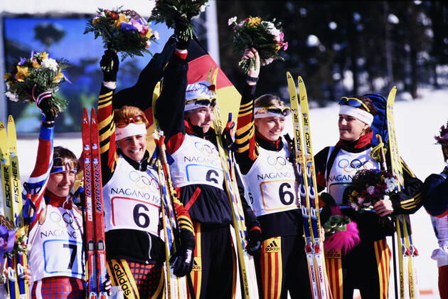 BEHLE Petra Team GER Womens Biathlon Relay over 4 x 7,5 km Olympic Champions from l DISL Uschi, BEHLE Petra, APEL Katrin and ZELLNER Martina Olympic Winter Games 1998 in Nagano Japan from 07 22 02 1998 on 19 02 1998 in Nagano
