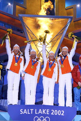 DISL Uschi, APEL Katrin, WILHELM Kati and HENKEL Andrea Team GER Biathlon Relay Women 1 Place Biathlon Women Relay Germany wins Gold Medal Olympic Winter Games 2002 Salt Lake City USA on 18 02 2002 in Salt Lake City