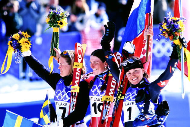 KOSTELIC Janica Team CRO Olympic Champion Womens Giant Slalom Ski Alpine with PAERSON Anja and NEF Sonja Olympic Winter Games 2002 Salt Lake City USA on 22 02 2002 in Salt Lake City