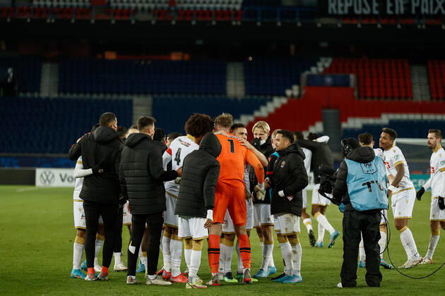 Joie des joueurs de Nice apres leur victoire contre le PSG FOOTBALL : 8e finale de la Coupe de France - PSG vs OGC Nice - 31 01 2022 AurelienMorissard Panoramic