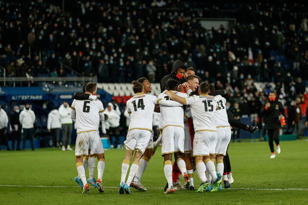 Joie des joueurs de Nice apres leur victoire contre le PSG FOOTBALL : 8e finale de la Coupe de France - PSG vs OGC Nice - 31 01 2022 AurelienMorissard Panoramic