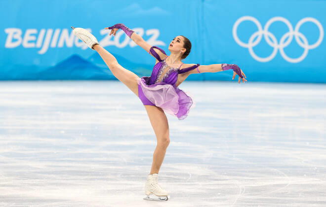 BEIJING, CHINA - FEBRUARY 15, 2022: ROC figure skater Kamila Valieva performs during the women s short programme event at the Capital Indoor Stadium as part of the 2022 Winter Olympic Games, Olympische Spiele, Olympia, OS Sergei Bobylev TASS  TS1235B9