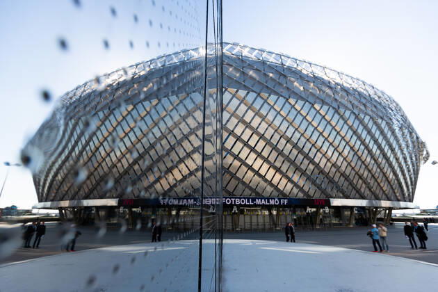 220320 A reflection of Tele2 Arenas exterior before the football match in the Swedish Cup between Djurgarden and Malmö FF on March 20, 2022 in Stockholm,  Copyright: AXELxBOBERG BB220320AX010