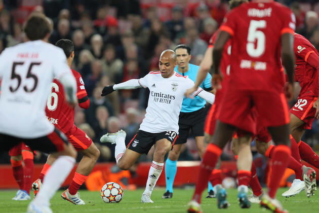 Liverpool v S L Benfica - UEFA Champions League Joao Mario of Benfica makes a pass during the UEFA Champions League match between Liverpool and S L Benfica at Anfield, Liverpool on Wednesday 13th April 2022. Liverpool United Kingdom  Copyright: xMIxNewsx originalFilename:fletcher-liverpoo220413_npZpZ