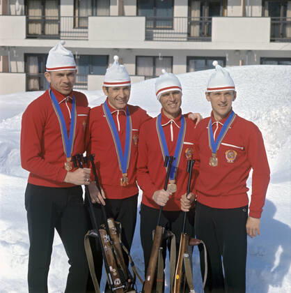 Soviet biathletes 495569 09.01.1972 From left: the USSR national team, Nationalteam of Viktor Mamatov, Ivan Byakov, Rinat Safin and Alexander Tikhonov won the men s relay at the XI Olympic Winter games, Winterspiele,Spiele, Summer games in Sapporo. Dmitryi Donskoy Sputnik Japan  Copyright: xDmitryixDonskoyx