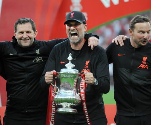 Football - 2021 2022 Emirates FA Cup - Final - Chelsea vs Liverpool - Wembley Stadium - Saturday 14th May 2022 Liverpool Manager, Jurgen Klopp with the trophy 