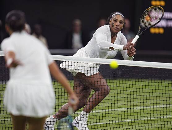 Tennis: Wimbledon championships Serena Williams (R) of the United States plays against Harmony Tan of France in the first round of the Wimbledon tennis tournament in London on June 28, 2022.  A14AA0001307376P