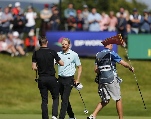 2nd July 2022, Mount Juliet Golf &amp; Spa Hotel, Thomastown, County Kilkenny, Republic of Ireland: Hhorizon Irish Open Golf, 3rd round; Sebastian Soderberg of Sweden and David Law of Scotland shake hands at the end of their round  ActionPlus12404236 PeterxFitzpatrick