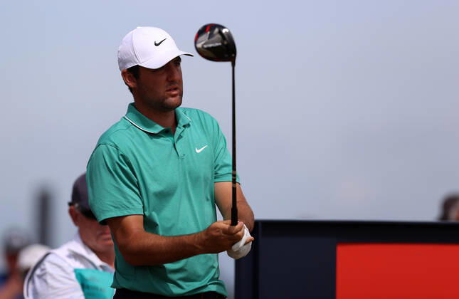 11th July 2022, Old Course at St Andrews, St Andrews, Fife, Scotland; The Open Golf Championship pre tournament activities; Scottie Scheffler (USA) prepares to hit his driver from on the 17th tee  ActionPlus12407475 DavidxBlunsden
