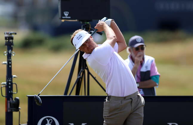 11th July 2022, Old Course at St Andrews, St Andrews, Fife, Scotland; The Open Golf Championship pre-tournament activities; Keith Mitchell (USA) hits his tee shot on the 2nd hole  ActionPlus12407478 DavidxBlunsden