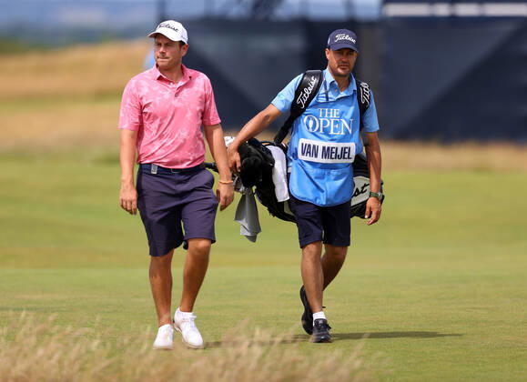 11th July 2022, Old Course at St Andrews, St Andrews, Fife, Scotland; The Open Golf Championship pre-tournament activities; Lars van Meijel (NED) with his caddie on the 16th hole  ActionPlus12407485 DavidxBlunsden