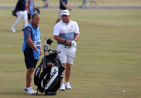 11th July 2022, Old Course at St Andrews, St Andrews, Fife, Scotland; The Open Golf Championship pre-tournament activities; Zander Lombard (RSA) with his caddie on the opening hole  ActionPlus12407496 DavidxBlunsden