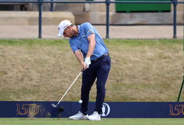 11th July 2022, Old Course at St Andrews, St Andrews, Fife, Scotland; The Open Golf Championship pre-tournament activities; Emiliano Grillo (ARG) hits his tee shot on the first hole  ActionPlus12407498 DavidxBlunsden