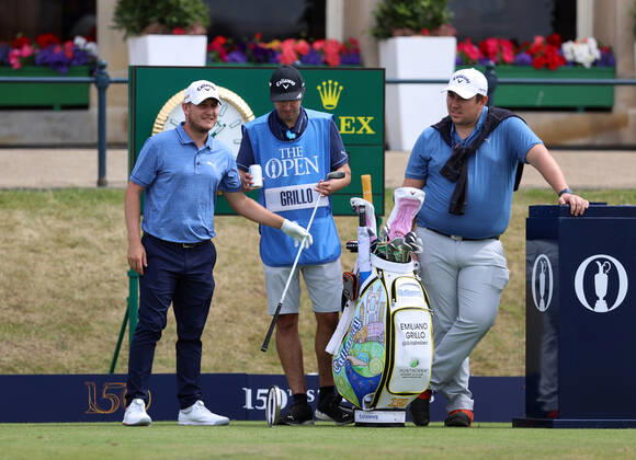 11th July 2022, Old Course at St Andrews, St Andrews, Fife, Scotland; The Open Golf Championship pre-tournament activities; Emiliano Grillo (ARG) with his caddie on the first hole  ActionPlus12407500 DavidxBlunsden