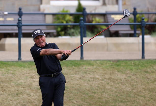 11th July 2022, Old Course at St Andrews, St Andrews, Fife, Scotland; The Open Golf Championship pre-tournament activities; Past Champion Gary Player hits his opening tee shot during the Celebration of Champions event  ActionPlus12407564 DavidxBlunsden