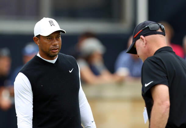 11th July 2022, Old Course at St Andrews, St Andrews, Fife, Scotland; The Open Golf Championship pre-trounament activities; Tiger Woods on the practice putting green with caddie Joe Lacava prior to the Celebration of Champions event  ActionPlus12407572 DavidxBlunsden