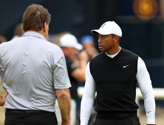 11th July 2022, Old Course at St Andrews, St Andrews, Fife, Scotland; The Open Golf Championship pre-tournament activities; Tiger Woods (USA) with Sir Nick Faldo on the practice putting green prior to the Celebration of Champions event  ActionPlus12407574 DavidxBlunsden