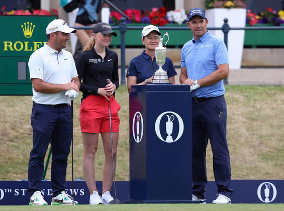 11th July 2022, Old Course at St Andrews, St Andrews, Fife, Scotland; The Open Golf Championship pre-tournament activities; Francesco Molinari, Louise Duncan, Catriona Matthew and Padraig Harrington pose for a photo with the Claret Jug  ActionPlus12407584 DavidxBlunsden