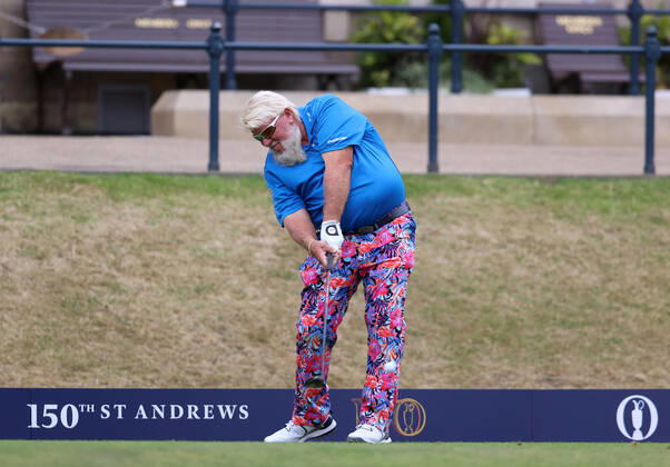 11th July 2022, Old Course at St Andrews, St Andrews, Fife, Scotland; The Open Golf Championship pre-tournament activities; 1995 Champion John Daly (USA) hits his tee shot during the Celebration of Champions event  ActionPlus12407617 DavidxBlunsden
