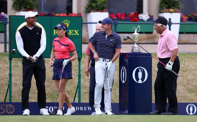 11th July 2022, Old Course at St Andrews, St Andrews, Fife, Scotland; The Open Golf Championship pre-tournament activities; Lee Trevino shares a joke with Tiger Woods and Rory McIlroy on the first tee during the Celebration of Champions event  ActionPlus12407626 DavidxBlunsden