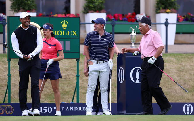 11th July 2022, Old Course at St Andrews, St Andrews, Fife, Scotland; The Open Golf Championship pre-tournament activities; Lee Trevino shares a joke with Tiger Woods and Rory McIlroy on the first tee during the Celebration of Champions event  ActionPlus12407627 DavidxBlunsden