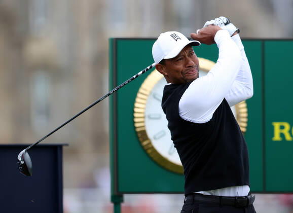 11th July 2022, Old Course at St Andrews, St Andrews, Fife, Scotland; The Open Golf Championship pre-tournament activities; Tiger Woods on the 2nd tee during the Celebration of Champions event  ActionPlus12407660 DavidxBlunsden