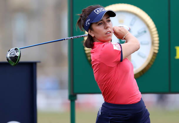 11th July 2022, Old Course at St Andrews, St Andrews, Fife, Scotland; The Open Golf Championship pre-trounament activities; Georgia Hall (ENG) hits her driver from the tee of the 2nd hole  ActionPlus12407737 DavidxBlunsden