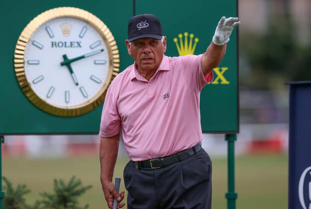 11th July 2022, Old Course at St Andrews, St Andrews, Fife, Scotland; The Open Golf Championship pre-tournament activities; Lee Trevino (USA) prepares to hit his tee shot on the 2nd hole during the Celebration of Champions event  ActionPlus12407738 DavidxBlunsden