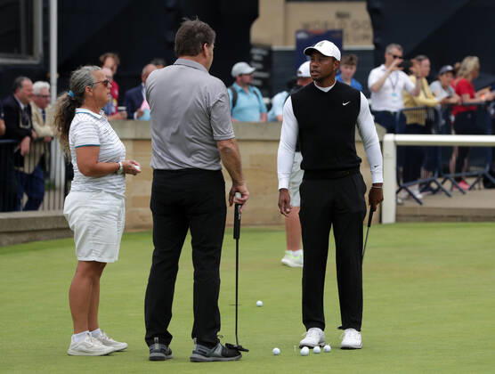 11th July 2022, Old Course at St Andrews, St Andrews, Fife, Scotland; The Open Golf Championship pre-tournament activities; Tiger Woods (USA) chats with Sir Nick Faldo on the practice putting green  ActionPlus12407742 DavidxBlunsden