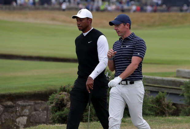 11th July 2022, Old Course at St Andrews, St Andrews, Fife, Scotland; The Open Golf Championship pre-tournament activities; Tiger Woods (USA) walks with Rory McIlroy to the tee at the second hole  ActionPlus12407743 DavidxBlunsden