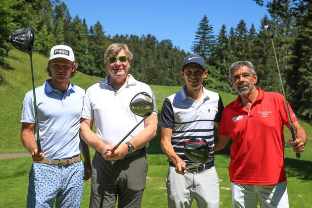 GOLF - EURAM Bank Open 2022 RAMSAU,AUSTRIA,13.JUL.22 - GOLF - Challenge Tour, EURAM Bank Open 2022, ProAm, GC Adamstal. Image shows Freddy Schott (GER), Thomas Pratschner, Maximilian Strummer and Thomas Kralik.  GEPAxpictures xMarioxBuehner