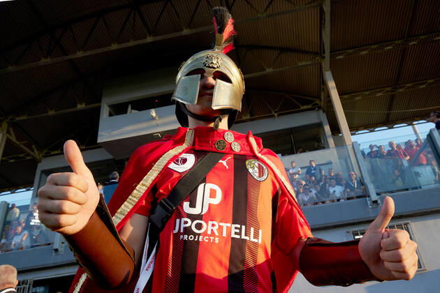 TA QALI, MALTA - 14 JULY 2022 A Hamrun Spartans mascot clad in a Spartan tunic ahead of the First qualifying round, 2nd leg soccer match, from the UEFA Europa Conference League between Hamrun Spartans and Alashkert at the Centenary Stadium, Ta Qali, Malta on 14 July 2022. Photo Domenic Aquilina Hamrun Spartans FC (MLT) v Alashkert FC (ARM) UECL_22_23