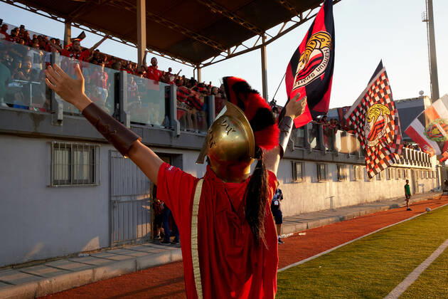 TA QALI, MALTA - 14 JULY 2022 A Hamrun Spartans mascot clad in a Spartan tunic salutes the team™s supporters ahead of the First qualifying round, 2nd leg soccer match, from the UEFA Europa Conference League between Hamrun Spartans and Alashkert at the Centenary Stadium, Ta Qali, Malta on 14 July 2022. Photo Domenic Aquilina Hamrun Spartans FC (MLT) v Alashkert FC (ARM) UECL_22_23