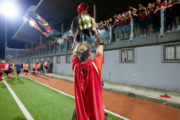 TA QALI, MALTA - 14 JULY 2022 A Hamrun Spartans mascot clad in a Spartan tunic salutes his team™s supporters after the First qualifying round, 2nd leg soccer match, from the UEFA Europa Conference League between Hamrun Spartans and Alashkert at the Centenary Stadium, Ta Qali, Malta on 14 July 2022. Hamrun Spartans won 4-1 to advance further in the competition. Photo Domenic Aquilina Hamrun Spartans FC (MLT) v Alashkert FC (ARM) UECL_22_23