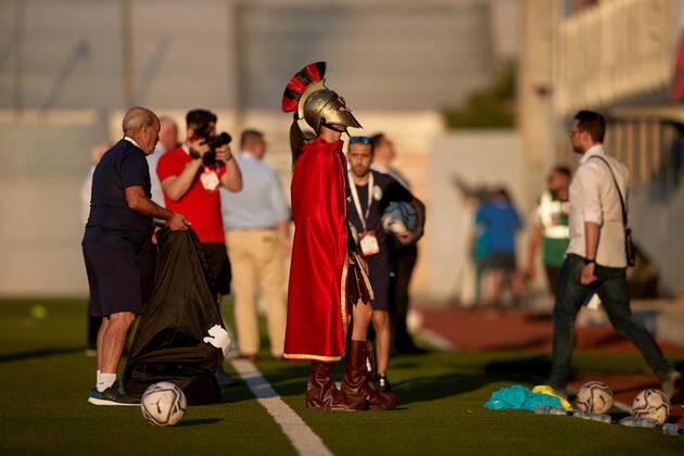 TA QALI, MALTA - 14 JULY 2022 A Hamrun Spartans mascot clad in a Spartan tunic ahead of the First qualifying round, 2nd leg soccer match, from the UEFA Europa Conference League between Hamrun Spartans and Alashkert at the Centenary Stadium, Ta Qali, Malta on 14 July 2022. Photo Domenic Aquilina Hamrun Spartans FC (MLT) v Alashkert FC (ARM) UECL_22_23