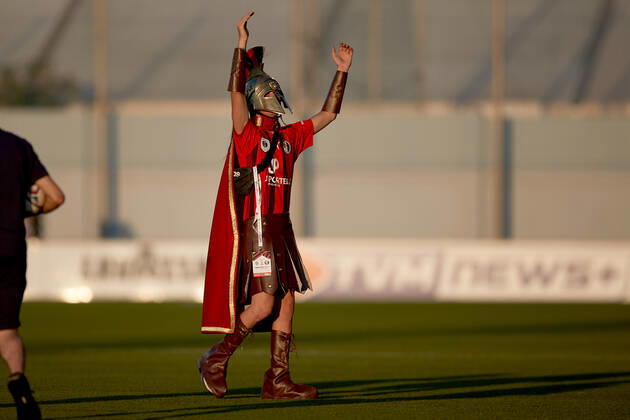 TA QALI, MALTA - 14 JULY 2022 A Hamrun Spartans mascot clad in a Spartan tunic ahead of the First qualifying round, 2nd leg soccer match, from the UEFA Europa Conference League between Hamrun Spartans and Alashkert at the Centenary Stadium, Ta Qali, Malta on 14 July 2022. Photo Domenic Aquilina Hamrun Spartans FC (MLT) v Alashkert FC (ARM) UECL_22_23