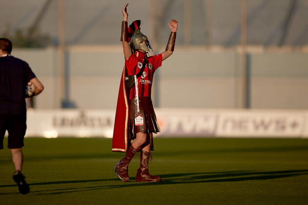 TA QALI, MALTA - 14 JULY 2022 A Hamrun Spartans mascot clad in a Spartan tunic ahead of the First qualifying round, 2nd leg soccer match, from the UEFA Europa Conference League between Hamrun Spartans and Alashkert at the Centenary Stadium, Ta Qali, Malta on 14 July 2022. Photo Domenic Aquilina Hamrun Spartans FC (MLT) v Alashkert FC (ARM) UECL_22_23