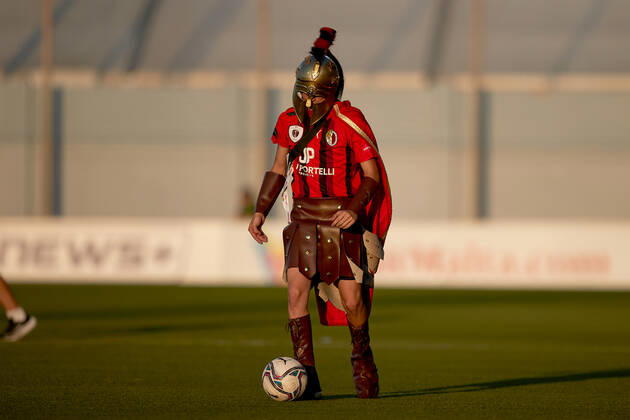 TA QALI, MALTA - 14 JULY 2022 A Hamrun Spartans mascot clad in a Spartan juggles with a ball ahead of the First qualifying round, 2nd leg soccer match, from the UEFA Europa Conference League between Hamrun Spartans and Alashkert at the Centenary Stadium, Ta Qali, Malta on 14 July 2022. Photo Domenic Aquilina Hamrun Spartans FC (MLT) v Alashkert FC (ARM) UECL_22_23