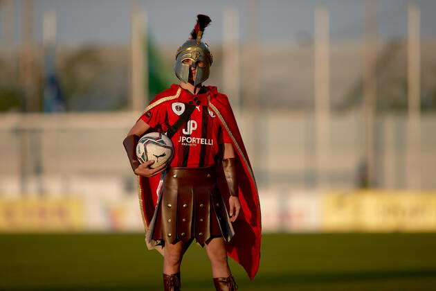 TA QALI, MALTA - 14 JULY 2022 A Hamrun Spartans mascot clad in a Spartan tunic ahead of the First qualifying round, 2nd leg soccer match, from the UEFA Europa Conference League between Hamrun Spartans and Alashkert at the Centenary Stadium, Ta Qali, Malta on 14 July 2022. Photo Domenic Aquilina Hamrun Spartans FC (MLT) v Alashkert FC (ARM) UECL_22_23