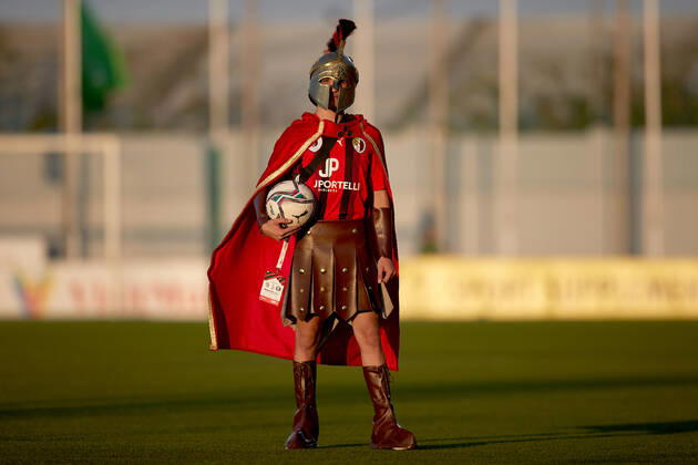 TA QALI, MALTA - 14 JULY 2022 A Hamrun Spartans mascot clad in a Spartan tunic ahead of the First qualifying round, 2nd leg soccer match, from the UEFA Europa Conference League between Hamrun Spartans and Alashkert at the Centenary Stadium, Ta Qali, Malta on 14 July 2022. Photo Domenic Aquilina Hamrun Spartans FC (MLT) v Alashkert FC (ARM) UECL_22_23