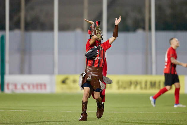 TA QALI, MALTA - 14 JULY 2022 A Hamrun Spartans mascot clad in a Spartan tunic salutes the team supporters after the First qualifying round, 2nd leg soccer match, from the UEFA Europa Conference League between Hamrun Spartans and Alashkert at the Centenary Stadium, Ta Qali, Malta on 14 July 2022. Hamrun Spartans won 4-1 to advance further in the competition. Photo Domenic Aquilina Hamrun Spartans FC (MLT) v Alashkert FC (ARM) UECL_22_23