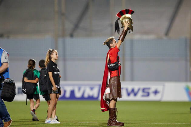 TA QALI, MALTA - 14 JULY 2022 A Hamrun Spartans mascot clad in a Spartan tunic salutes the team supporters after the First qualifying round, 2nd leg soccer match, from the UEFA Europa Conference League between Hamrun Spartans and Alashkert at the Centenary Stadium, Ta Qali, Malta on 14 July 2022. Hamrun Spartans won 4-1 to advance further in the competition. Photo Domenic Aquilina Hamrun Spartans FC (MLT) v Alashkert FC (ARM) UECL_22_23