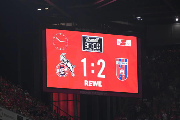 Soccer UEFA Conference League Play Off 1 FC Köln Fehervar FC on 18 08 2022 at RheinEnergieStadion in Cologne final scoreboard video wall 1 2 xHDx