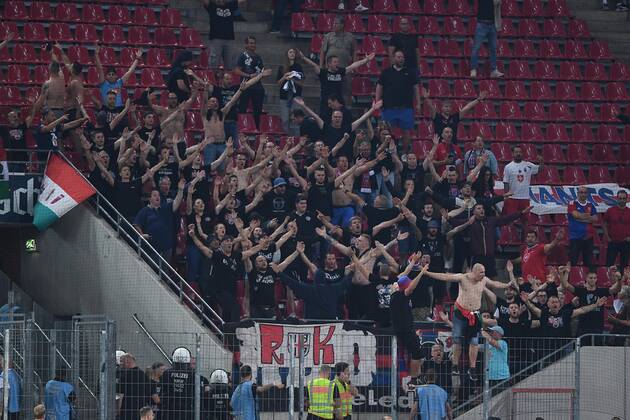 Soccer UEFA Conference League Play Off 1 FC Köln Fehervar FC on 18 08 2022 at RheinEnergieStadion in Cologne fan block fans Fehervar xHDx
