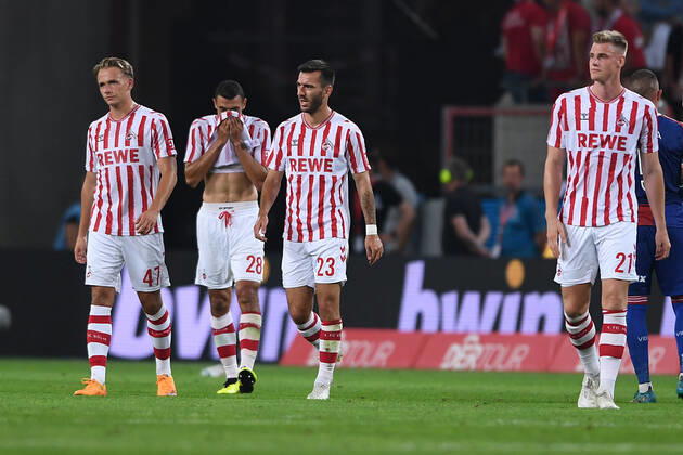 Soccer UEFA Conference League Play Off 1 FC Cologne Fehervar FC on 18 08 2022 at RheinEnergieStadion in Cologne V l n r Mathias Olesen Cologne , Ellyes Skhiri Cologne , Sargis Adamyan Cologne , Steffen Tigges Cologne disappointed xHDx